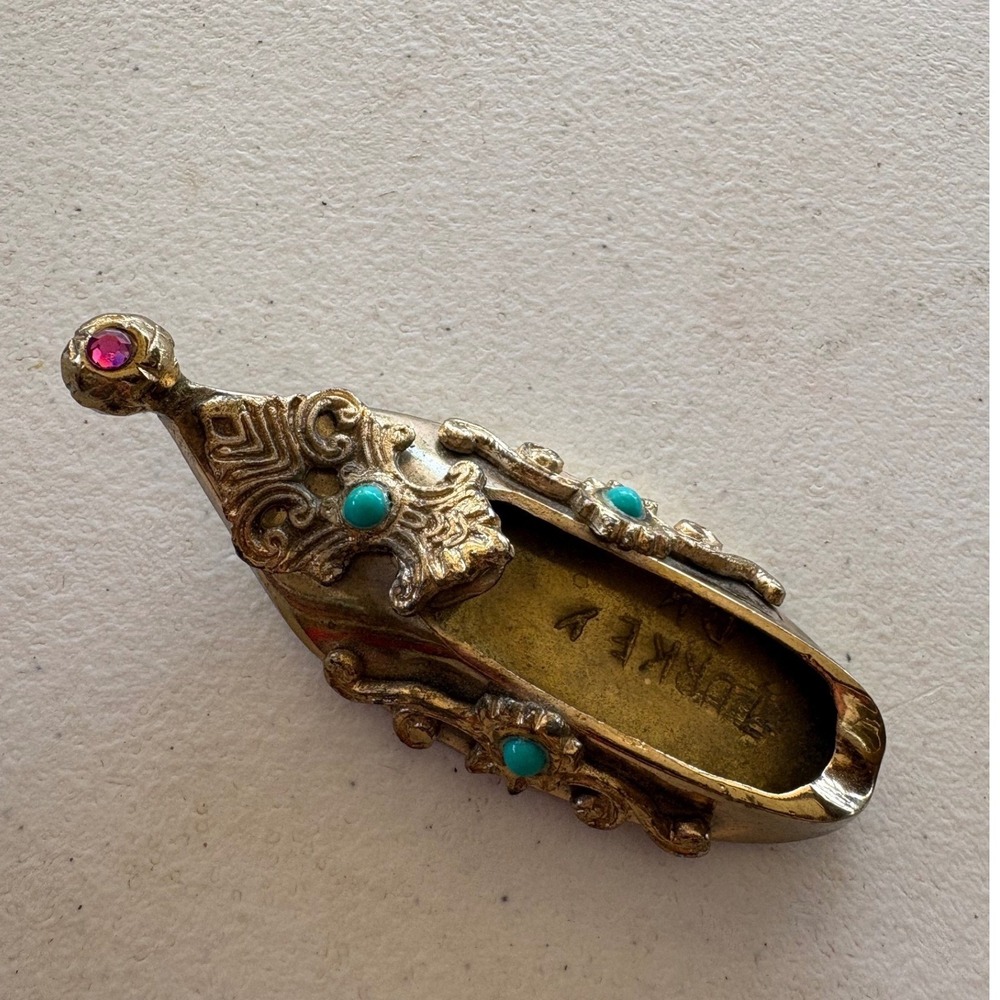 Vintage Turkish Ornate Brass Shoe Ashtray with Gemstone Accents - Picture 2 of 6